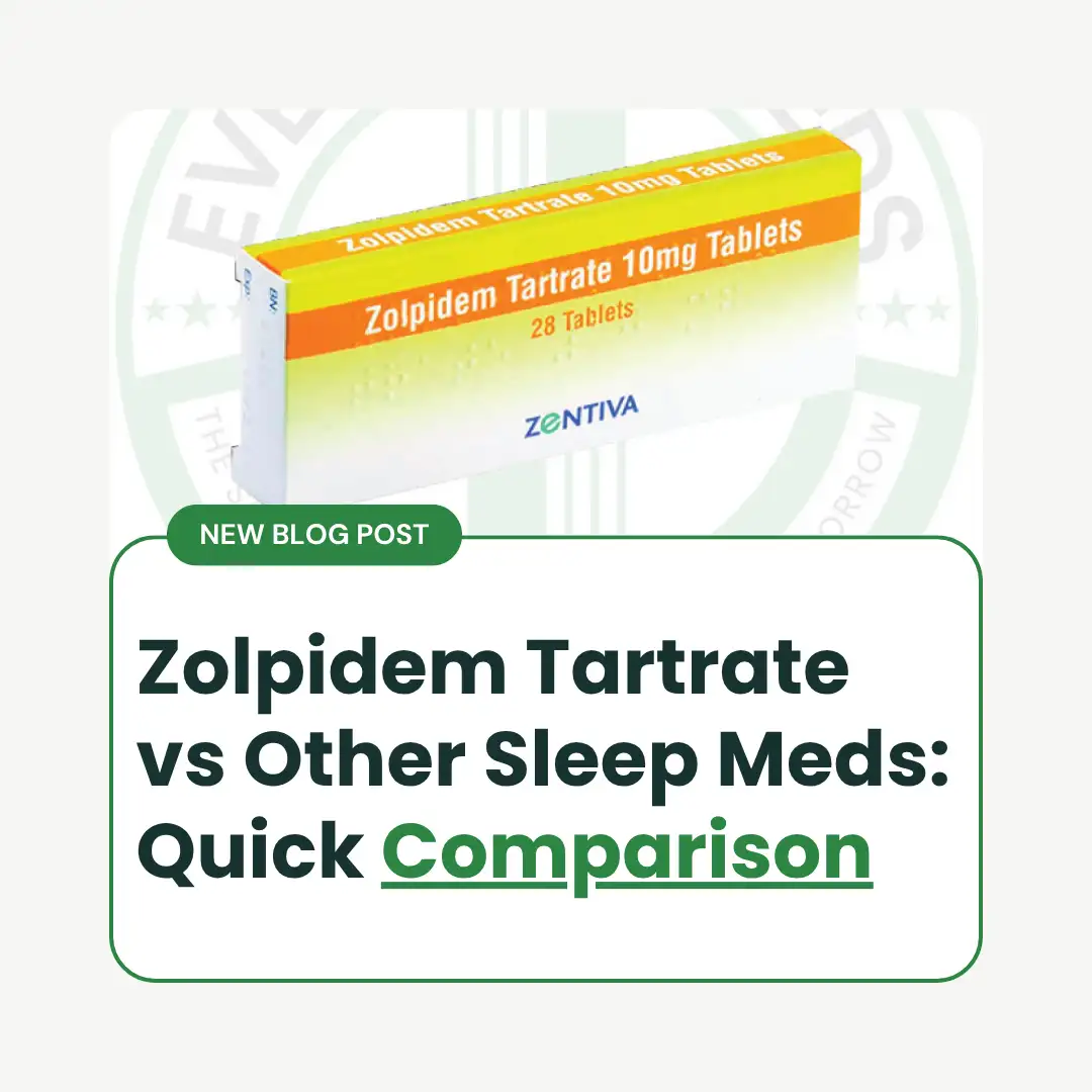Comparison chart showing differences between Zolpidem Tartrate and other sleep medications including benzodiazepines, Zopiclone, and Modafinil, highlighting onset time, duration, dependency risk, and uses for UK